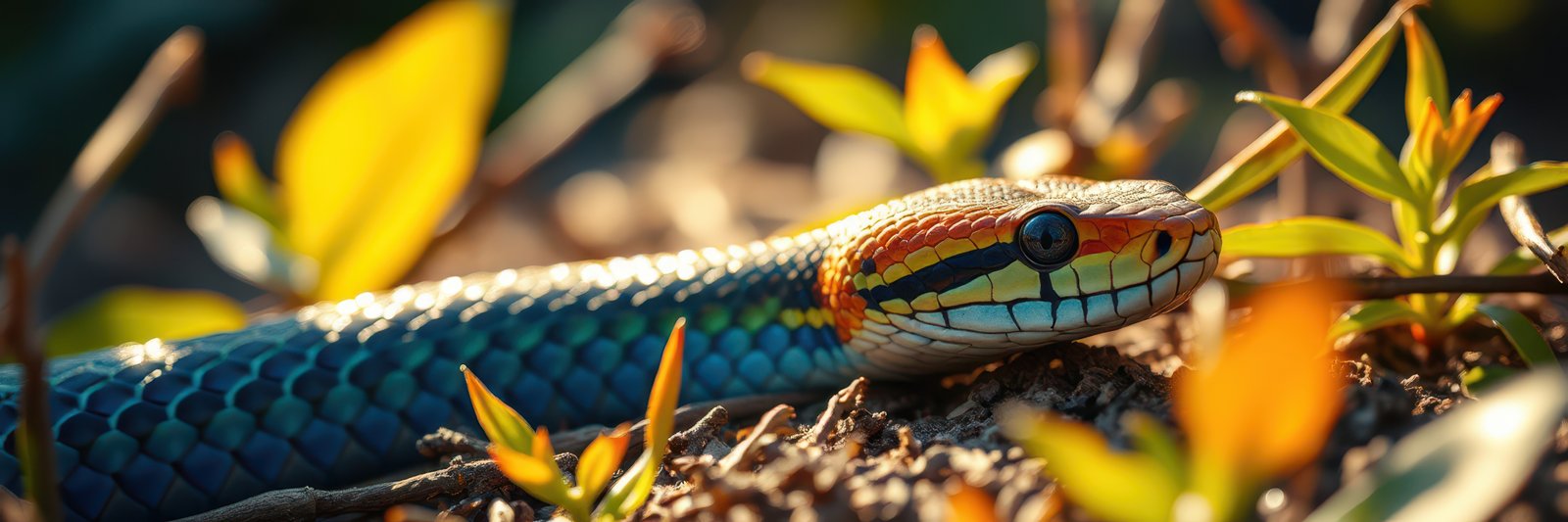 Colorful snake resting among vibrant foliage in a natural setting during golden hour